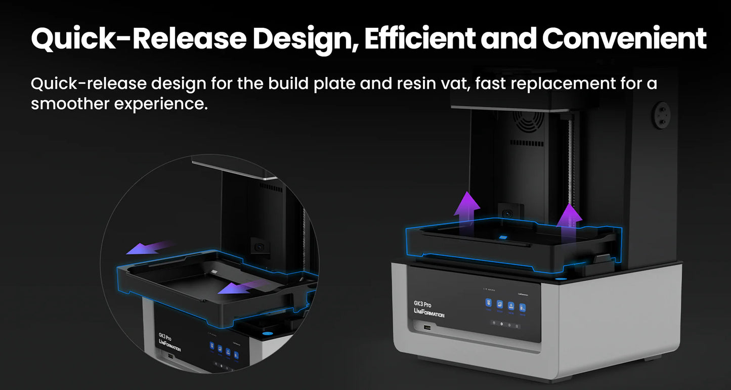 Uniformation GK3 Pro – High-resolution professional resin printer with 385 nm light source and active resin temperature control