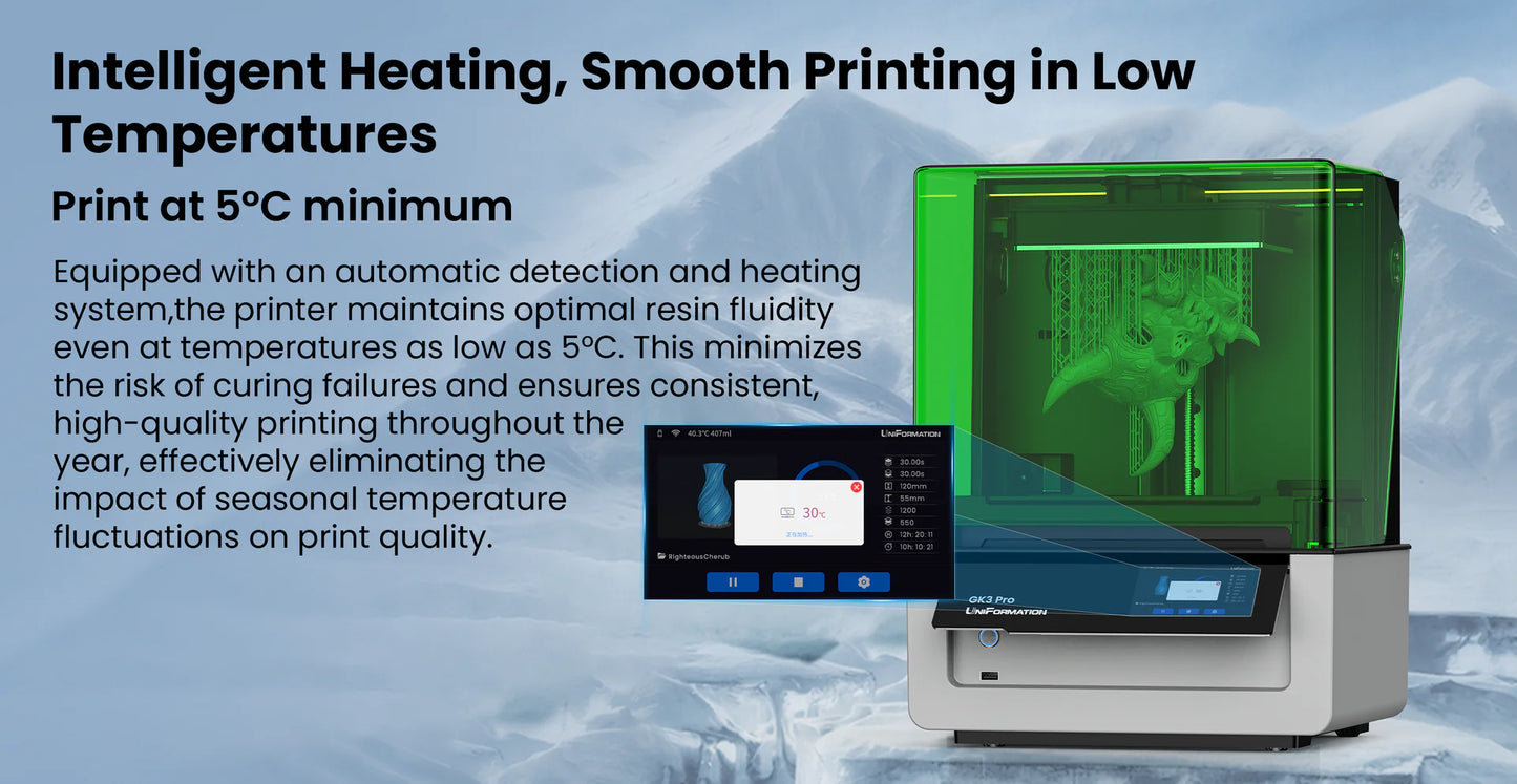 Uniformation GK3 Pro – High-resolution professional resin printer with 385 nm light source and active resin temperature control