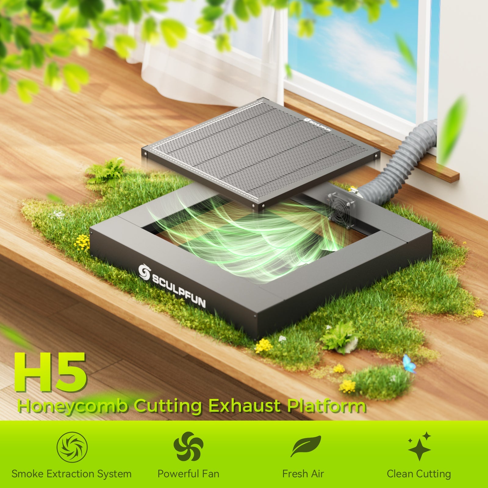 SCULPFUN H5 Gen2 Honeycomb Cutting Exhaust Platform 650×650mm Honeycomb Laser Bed with Fume Extraction Fan